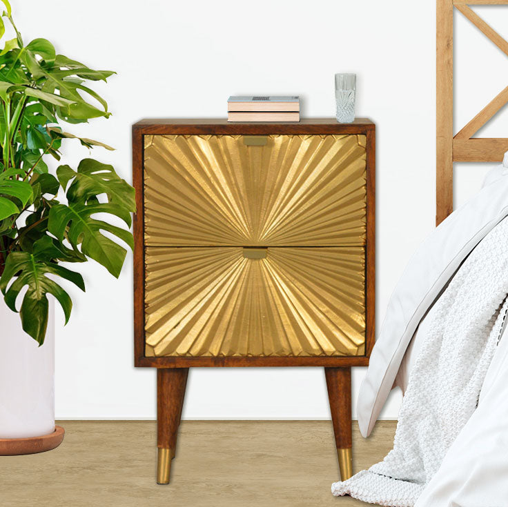 Malani Bedside Table, Solid Chestnut & Gold Brass Inlay - Broxle