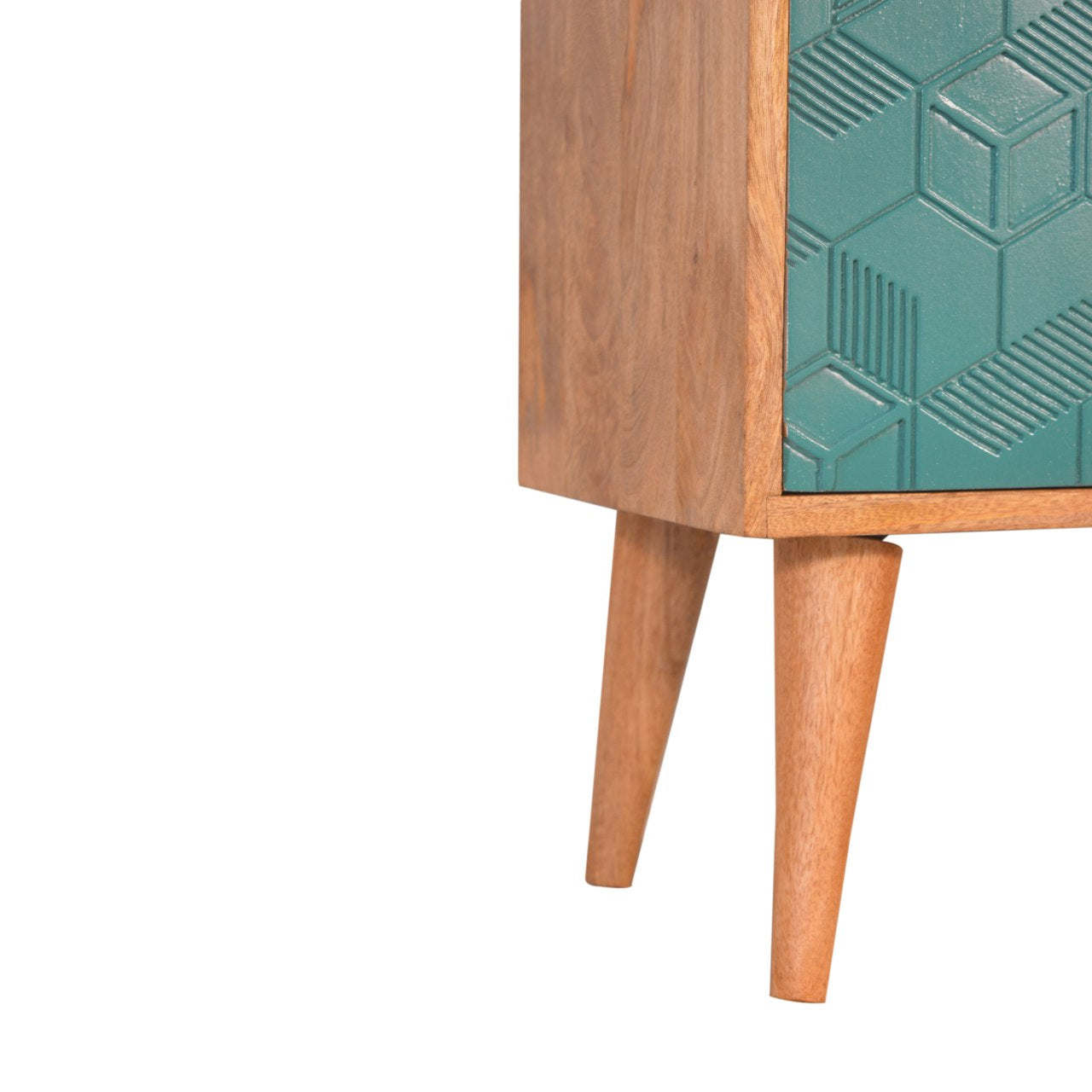 Nova Scotia Bedside Table, Hand-Carved Cube Oak & Teal - Broxle