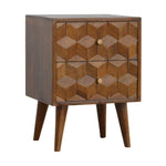 Kenzo Bedside Table, Chestnut & Carved Cube - Broxle