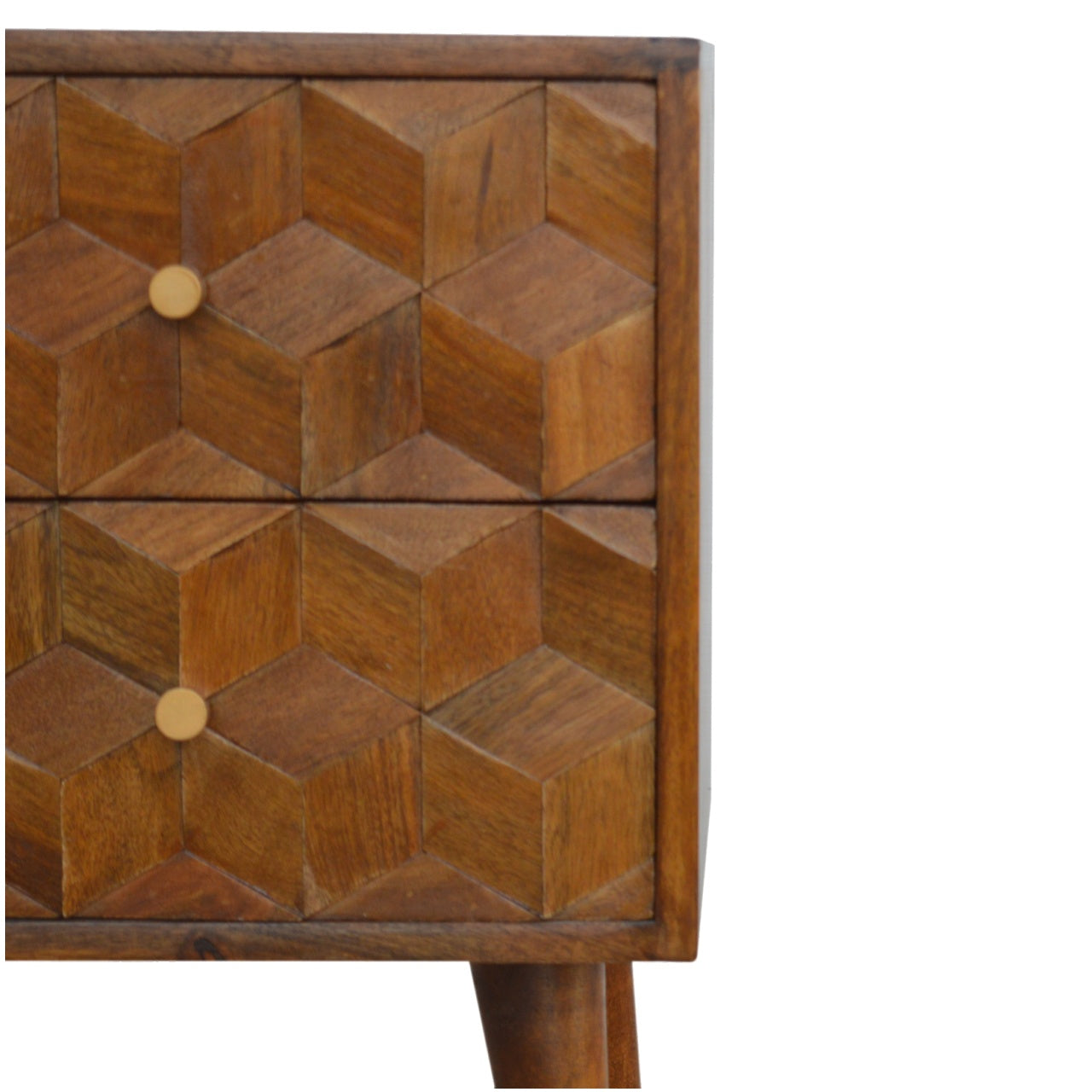 Kenzo Bedside Table, Chestnut & Carved Cube - Broxle